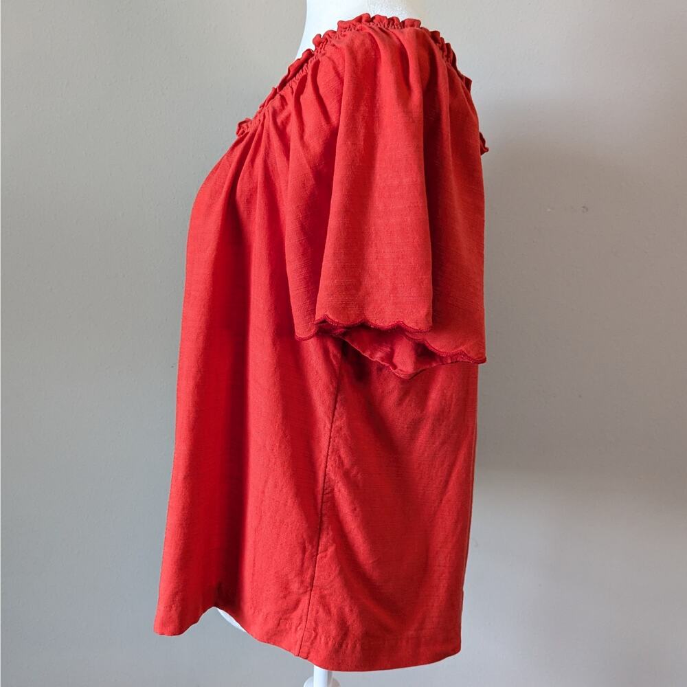 LC Lauren Conrad Red-Orange Peasant Ruffled Neck Flutter Sleeves Top Size Small - Picture 3 of 8